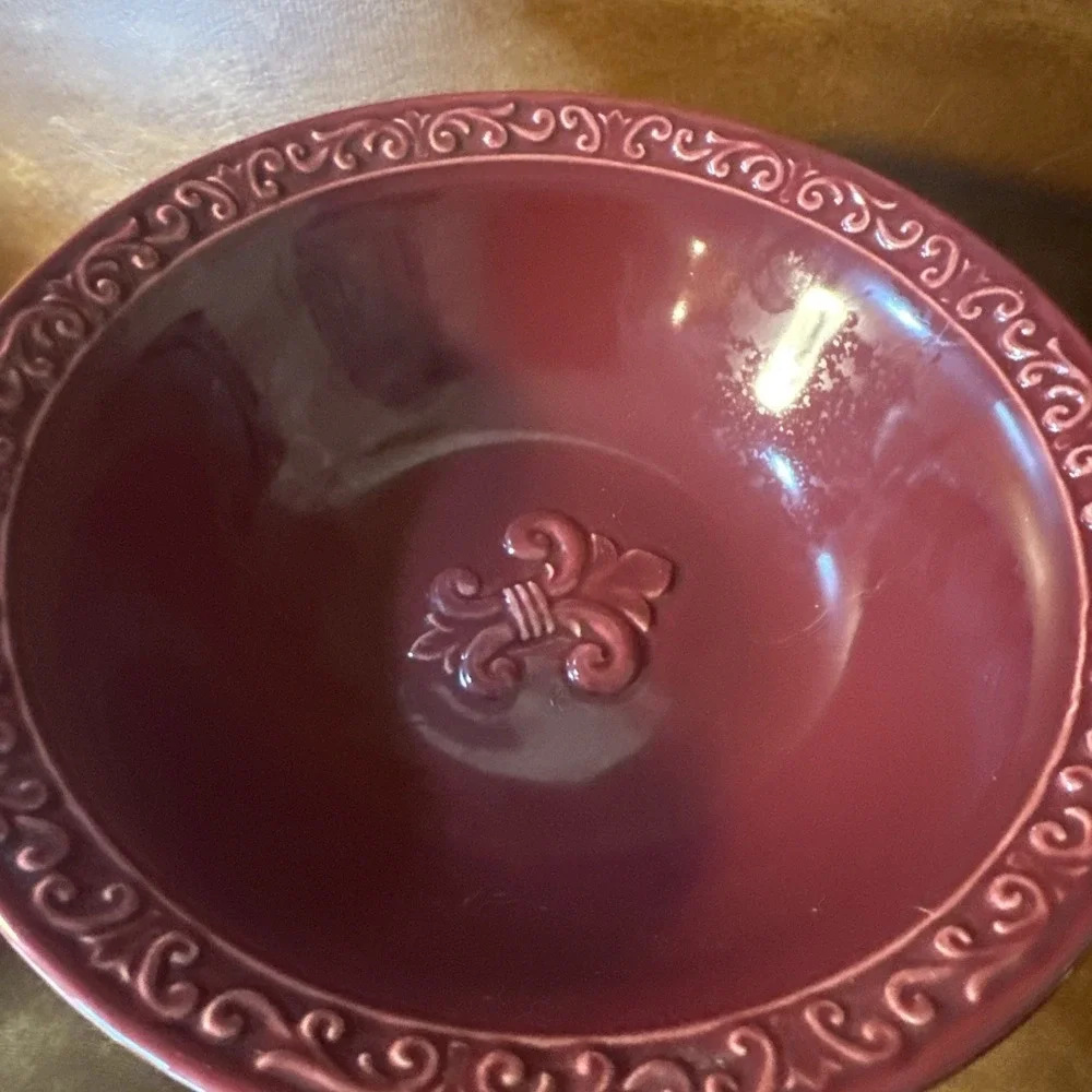 Drake Design Pedestal Bowl Compote Tuscan Scroll Fleur De Lis Oxblood Red